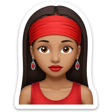 light-skinned black girl with very long eyelashes with long strait dark brown hair with edges wearing a red top with no sleeves. and a red accessory on her head with nose and mouth piercings. sticker