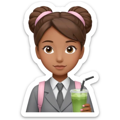 a cute face girl with brown one hair bun and a gray school uniforms and a black tie, she use a pastel pink bagpack and she brought a glass of matcha drink. sticker