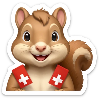 happy squirrel at a party, confetti everywhere, proudly displaying a Swiss flag, emoji style sticker