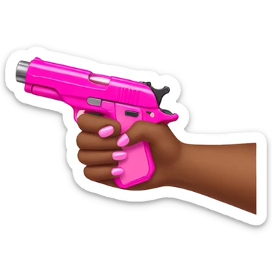 Brown girl hand with pink nails holding a pink gun sticker