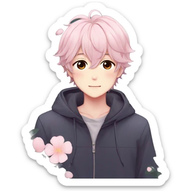 Gorgeous pastel anime style shojo guy with blushing face and flowers aesthetic trending style outside sticker