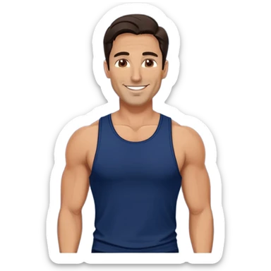 Fit 40-year-old man with tanned skin, long face, chiseled jawline. Attractive features with dark eyes, well-defined arched eyebrows, straight nose. Confident smile. Medium-length wavy dark hair styled in contemporary fashion. Wearing a dark blue tank top. sticker