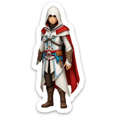icon featuring Assasin's Creed in an iconic assassin's hood, standing tall against the backdrop of Florence. The design captures the essence of adventure, with intricate details of historical architecture and a sense of mystery. The character is poised, ready for action. transparent background. sticker