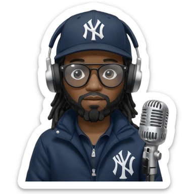 African American man with shoulder length black dreadlocks with black beard wearing black sunglasses wearing a New York Yankees logo baseball cap wearing a all dark black bubble winter coat wearing headphones rapping into recording studio microphone with a mic cover sticker