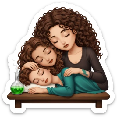 potion lab nap — long wavy brown hair tattooed woman and short tight curly brown hair woman — asleep at alchemy table sticker