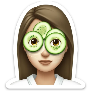 Girl with freackles Brown hair white skin and blue eyes wears Green skin care mask while She relaxes and two round piece cucumber on her closed eyes In a white Robe sticker