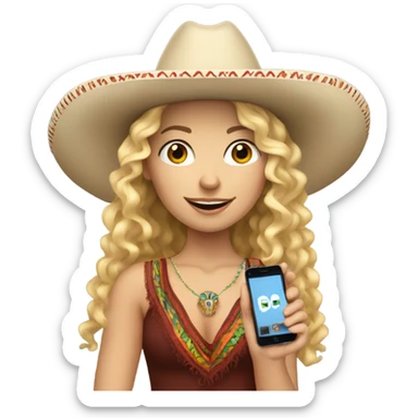 white curly haired blonde girl in a mexican hat holding her phone sticker