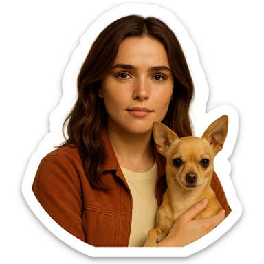Centered portrait for Instagram profile picture inspired by the facial features visible in the reference images. Tanned complexion with subtle freckles, wearing a shirt colored #FFF8CA and a rust-colored jacket. Medium-length brown hair with auburn highlights. Expression is proud and protective. Holding a beige-brown chihuahua. Style inspired by a Netflix series, intimate Tenerife ambiance, transparent background. sticker