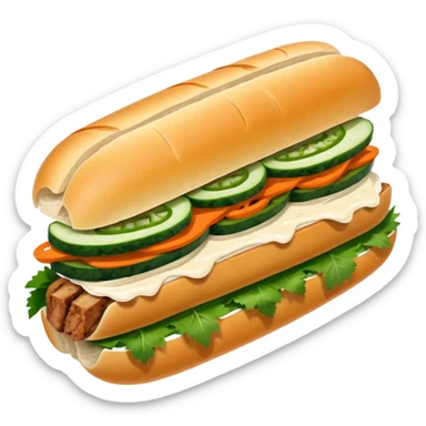 traditional banh mi with char grilled pork emoji 


    Very crusty baguette

    Mayo 

    Pickled carrot 

    Cucumber, coriander/cilantro, green onion, chilli 
 sticker