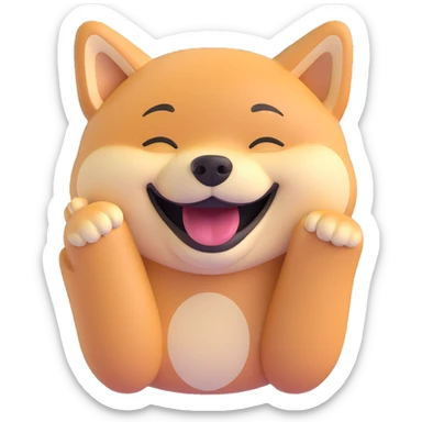 a shiba inu with a big smile, eyes closed, laughing, cartoon style sticker