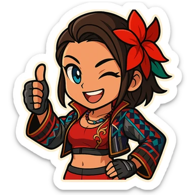 Azucena from Tekken 8 in chibi sticker style, giving a thumbs up with a wink, wearing the detailed red and patterned outfit from the reference images, designed for Twitch emote use. sticker