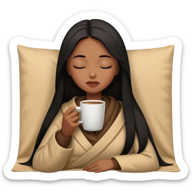 Chocolate brown girl with long straight jet black hair wrapped inside a tan blanket sipping coffee eyes closed sticker