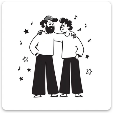 Two brothers who are musicians: a noticeably taller 35-year-old with stylized beard and backwards cap (big brother) with his arm around his shorter 25-year-old brother. Side by side, facing forward, celebrating. Music notes and stars around. Band members cheering in background. sticker