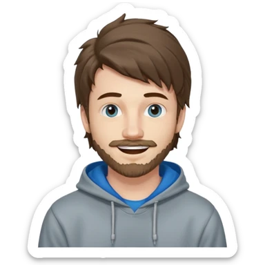 25 year old man, short scruffy beard and thin moustache, brown puffy mullet, blue eyes, big smile, white teeth, big lips, pronounced jaw, hair longer in back, sticking up on top, thin face, grey hooded sweatshirt, pale skin, big smile, blue eyes, puffy hair sticker