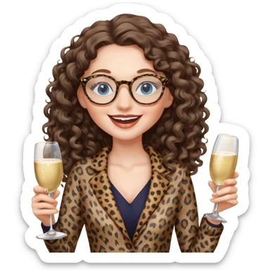 a blue eyed woman with very long brunette curly hair, full lips,and really pale skin. She is wearing a leopard printed thin round-ish glasses . She is wearing fully brown clothes. She is celebration sth with a bottle of champagne and laughing sticker
