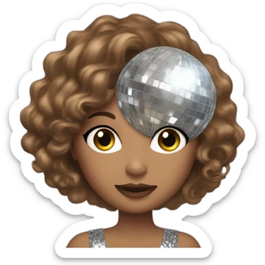 female with brown wavy hair dressed in a glitter dress and makeup, with disco ball sticker