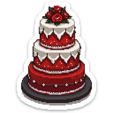 Red wedding cake with white frosting details and small roses sticker