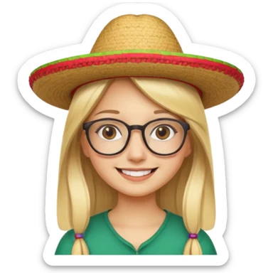 blonde girl with straight hair and glasses with a Mexican hat  sticker