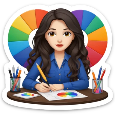 female dark wavy long hair graphic designer , big color wheel behind , pens, papers, desktop sticker