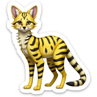 Lanky slender beautiful elegant spotted hype-realistic, black-maned, vibrant yellow Genet-Serval-Sergal-Margay-Fox-fusion-hybrid-furry-fursona, full body, with a long puffy fluffy black-and-white-striped tail sticker