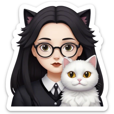 A girl ressembles Wednesday Addams with long loosed dark hair , squared glasses and a white fluffy cat is lying on her left shoulder and neck sticker
