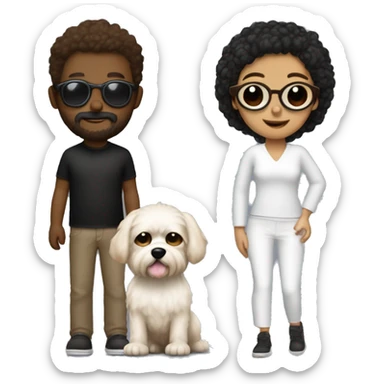 3 personas, 1 hombre blanco rapado con barba marron no muy grande, chica pelo oscuro con gafas piel blanca y un perro raza yorkshie muy peludo negro cabeza y patas marron sticker