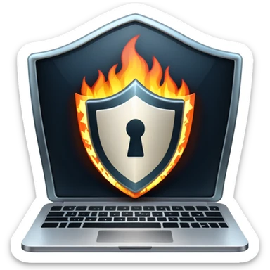 An icon featuring a digital shield with a lock, binary code, and a glowing firewall grid, symbolizing cybersecurity. The design includes a laptop, warning icons, and secure network nodes, representing protection against cyber threats. Transparent background highlights digital safety and defense. sticker