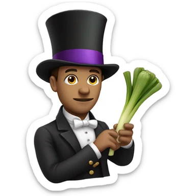 Man holding a leek with his hands with a top hat that has a purple band sticker