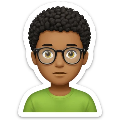 Menino pardo com cabelo curto cacheado preto raspado dos lados, de óculos preto quadrado e blusa verde e amarela sticker