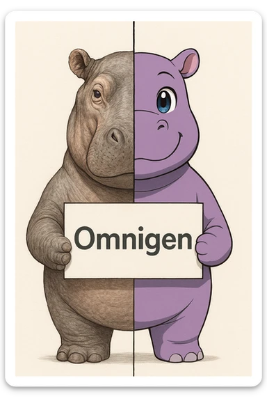 a hippo holding sign of omnigen, half picture hippo is realistic another hald is the anime of that same hippo sticker
