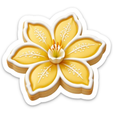 Realistic shortbread cookie in the shape of a lily flower with pastel yellow color jelly middle filling and sprinkled powder sugar on top. sticker