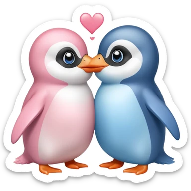 una pinguinita bebé rosita con un pinguinito bebé azulito amandose mucho dándose un besito  sticker