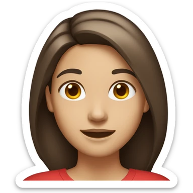 smiling woman with light to medium skin, straight dark brown hair with middle part red shirt  sticker