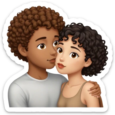 Light skinned girl with brown curly hair kissing brown skinned boy with black short hair  sticker