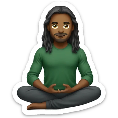 A web developer with long hair and a dark green sweatshirt sitting in a yoga pose sticker