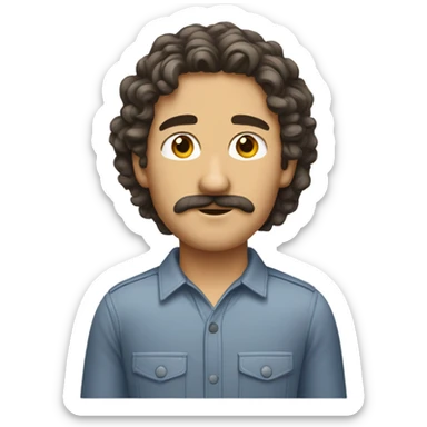 Regular caucasian guy emoji with a black mustache and shoulder length curly hair. sticker