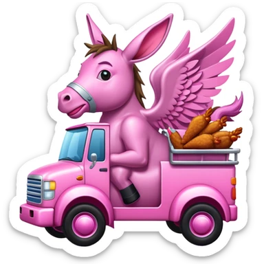 pink donkey driving a 2000s themed cyber truck eating wings sticker