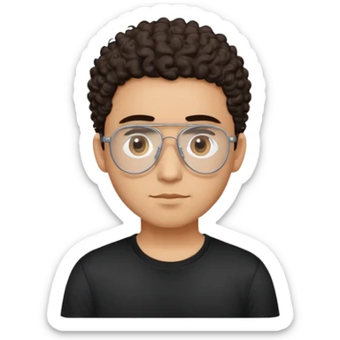 Latino man with light brown complexion, small face and prominent forehead, teardrop-shaped aviator glasses, totally shaved sides with very minimal dark curly hair only on top, gentle expression, simple black t-shirt sticker