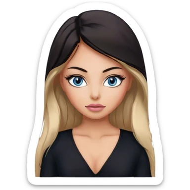 Glamours make-up, tanned, beautiful, girl, with blue eyes, big pump peach-beige-rose lips, eyeliner, long lashes, black straight smooth silky long hair, parting hair in the middle,  in black v-neck bodysuit long sleeves sticker