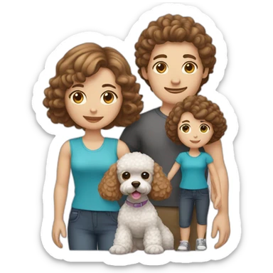 A family consisting of 1 man with light brown hair, 1 woman with dark brown hair and a toy poodle with brown hair, heads only and no kids, both humans are white sticker