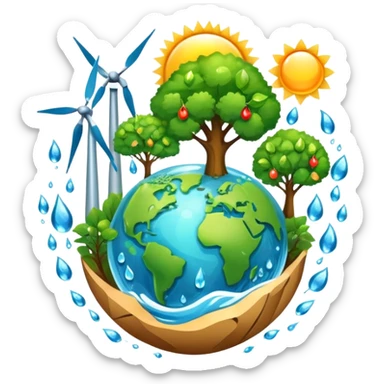 An icon featuring a green Earth, a tree, recycling symbols, and renewable energy sources like wind turbines, solar panels, and hydropower. The design includes animals, water droplets, and the sun, representing ecology, sustainable energy, and environmental protection. Transparent background. sticker