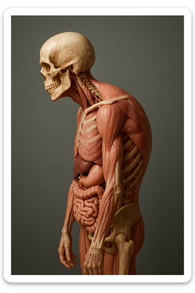 corpo UMANO ANATOMICO di profilo con spalle chiuse in avanti, postura errata, iperrealistico 4k sticker