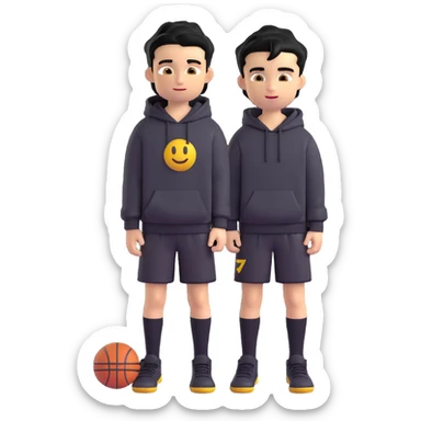 Remove any basketballs and remove his shoes, keep the boy kid sitting cross-legged, black hoodie (hood off), smirking, black crew socks, messy black hair, black basketball shorts, yellow skin, Microsoft 3D emoji style, with no background. sticker