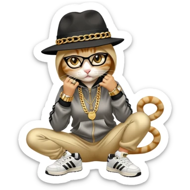 female cat dressed like Run DMC in tracksuit, fedora, Adidas shoes, lots of gold chains, rings, bracelets, earrings, whispering to a friend, no sunglasses sticker