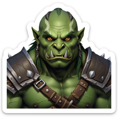 Cinematic Realistic WoW Orc Warrior Portrait, head tilted epicly and inquisitively, showcasing a commanding presence and raw, unyielding power. His battle-hardened green skin and muscular form, accented by meticulously crafted tribal armor in deep earthy hues, are rendered with lifelike clarity and dynamic lighting, high shine, epic and awe-inspiring, embodying the relentless spirit of an orc warrior ready for battle. sticker