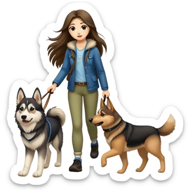 A long-haired girl walking a husky and a German shepherd sticker