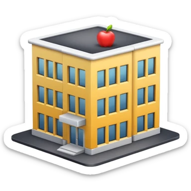 3D emoji-style icon of a small office building with people working inside, Apple iOS style, soft lighting, glossy finish, white background sticker