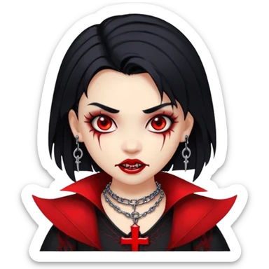 a girl with a very light skin,red eyes,fangs like vampire,black hair with red mesh,with goth clothes and a chain with a cross on it sticker