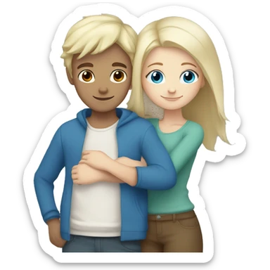 White blonde boy blue eyes hugging white brown haired girl sticker