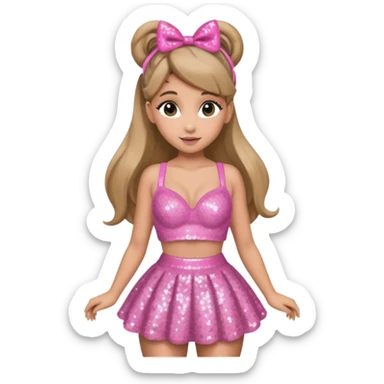 Ariana Grande with dark blonde hair, pink sequin bra, pink sequin skirt sticker